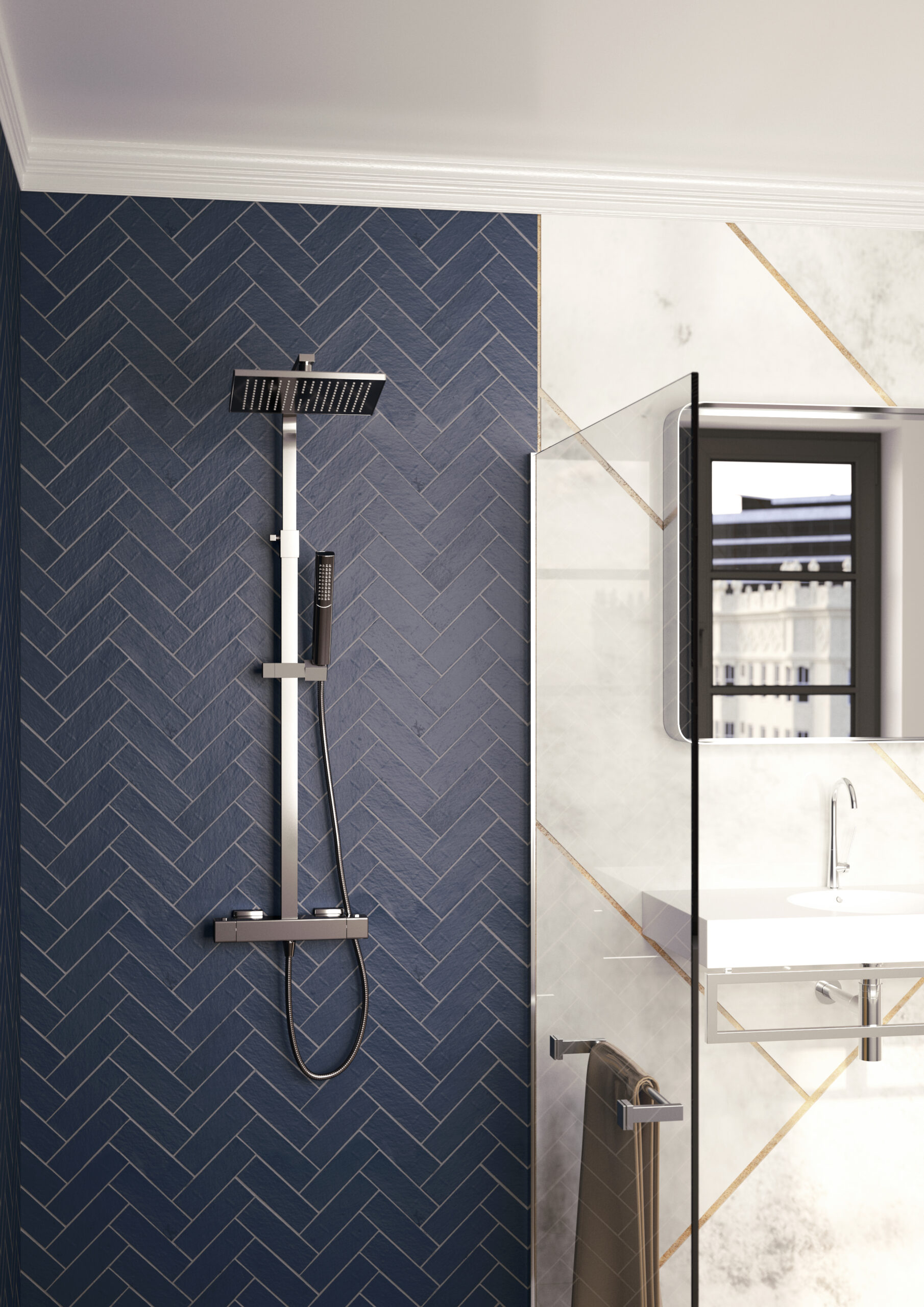 MIO SAFE TOUCH DUAL
OUTLET THERMOSTATIC
SHOWER WITH TELESCOPIC
RISER KIT, OVERHEAD
SOAKER AND HANDSET