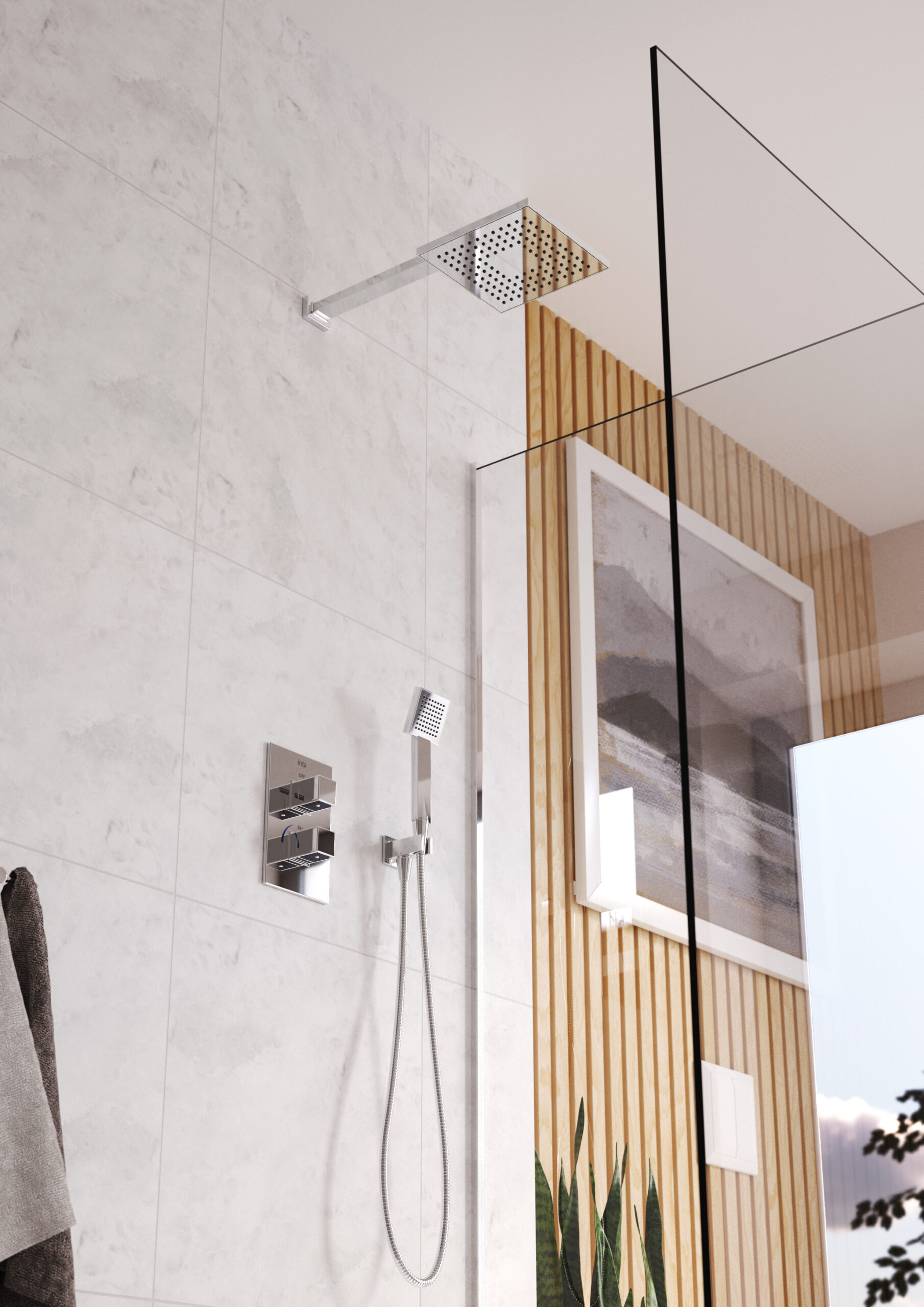 MIO CONCEALED DUAL
OUTLET THERMOSTATIC
SHOWER WITH OVERHEAD
ARM, SOAKER AND RINSE
STATION