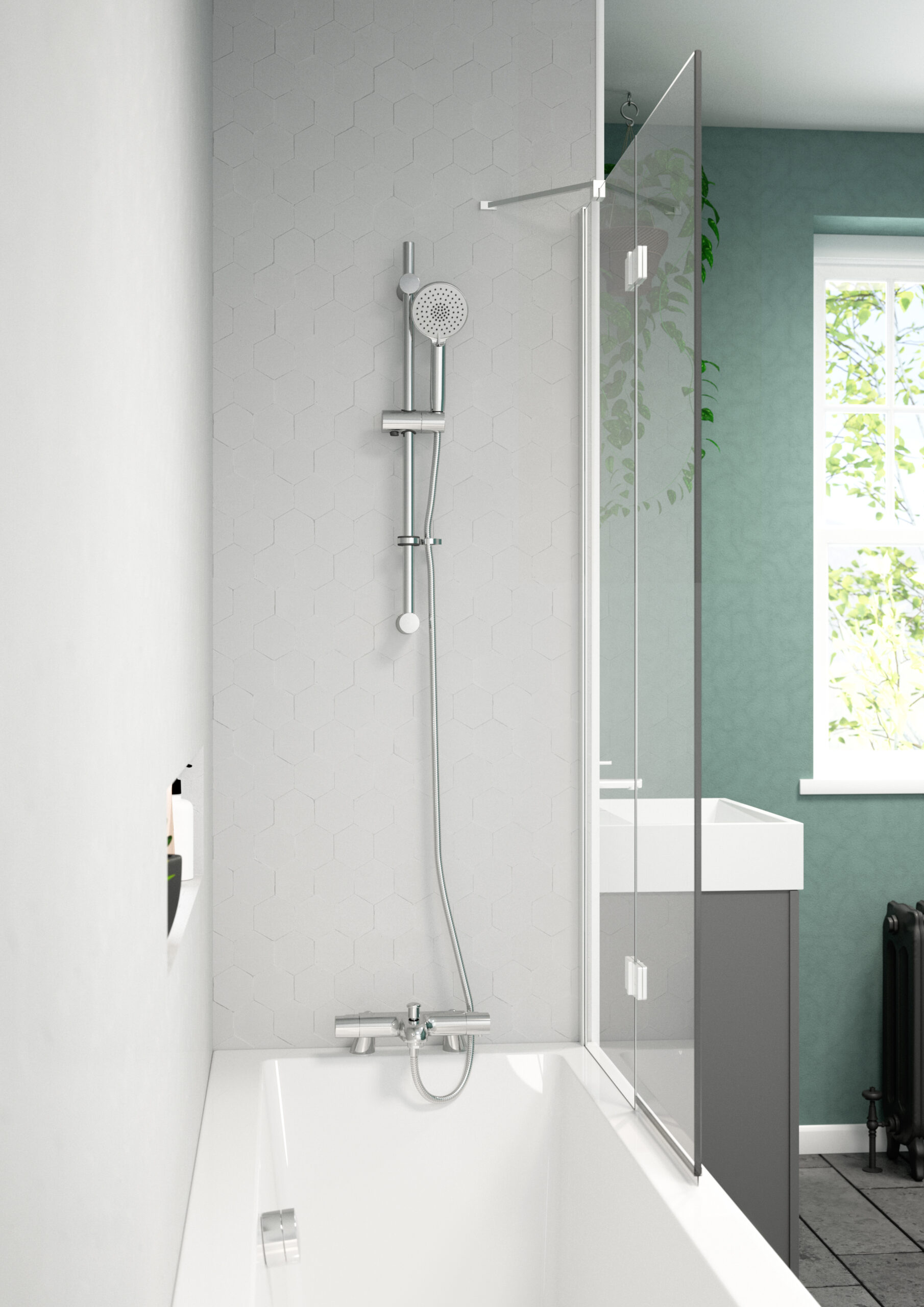 ENZO THERMOSTATIC
BATH SHOWER MIXER WITH
DECK MOUNTING LEGS &
FLEXIBLE RISER KIT