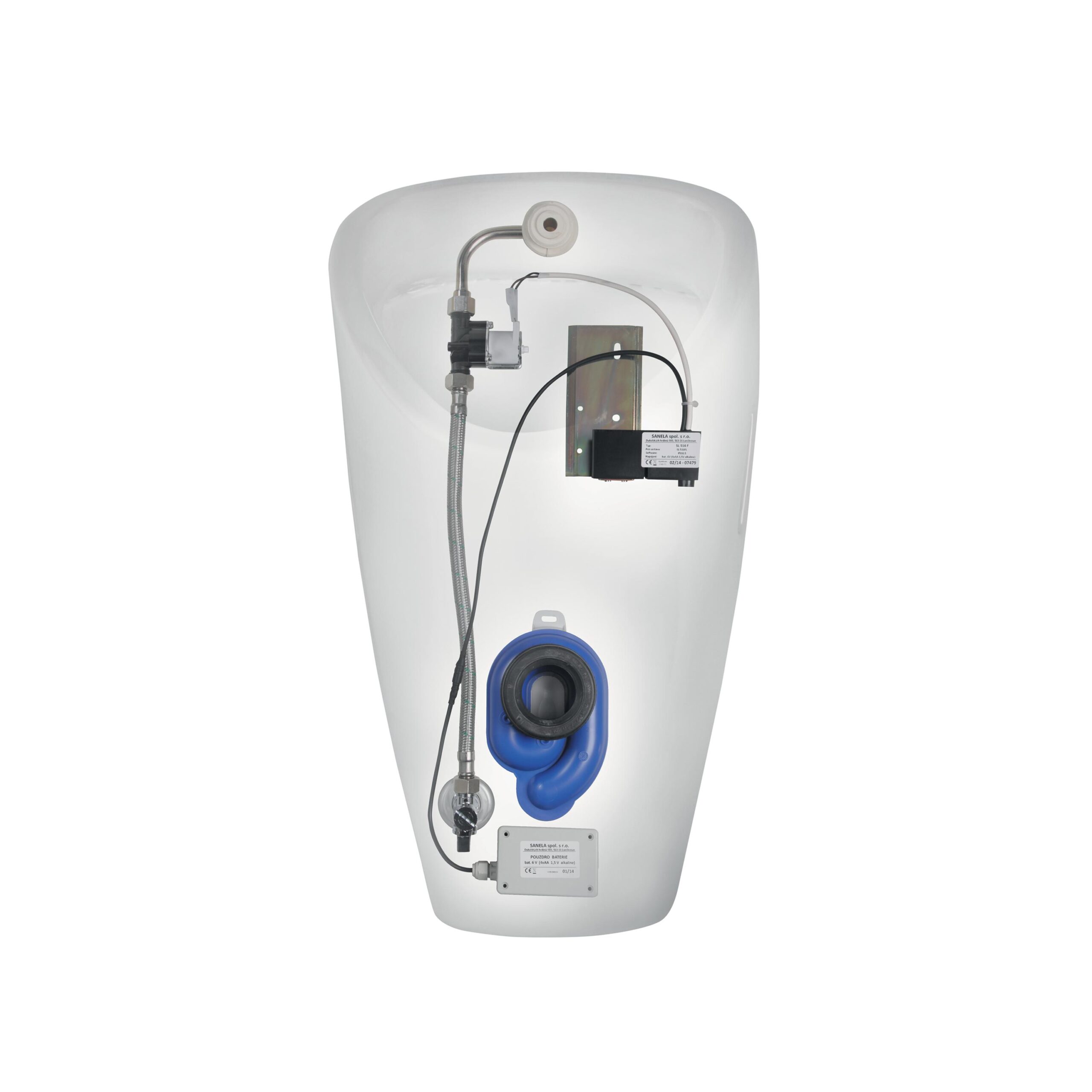 Siphonic urinal GOLEM Antivandal with an inner water supply and radar sensor, battery supply, Antibak; siphon (0,5-4 l), connectors and fixing kit included