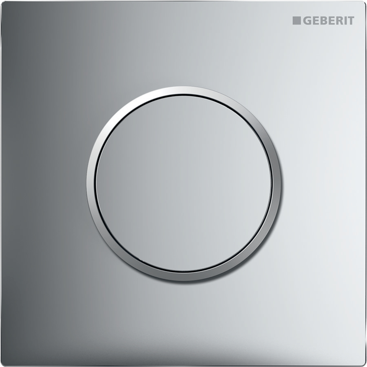 Geberit urinal flush control with pneumatic flush actuation, Type 10 actuator plate, round: Plate, Button: chrome / Glossy, Design ring/-s: chrome / Matt
