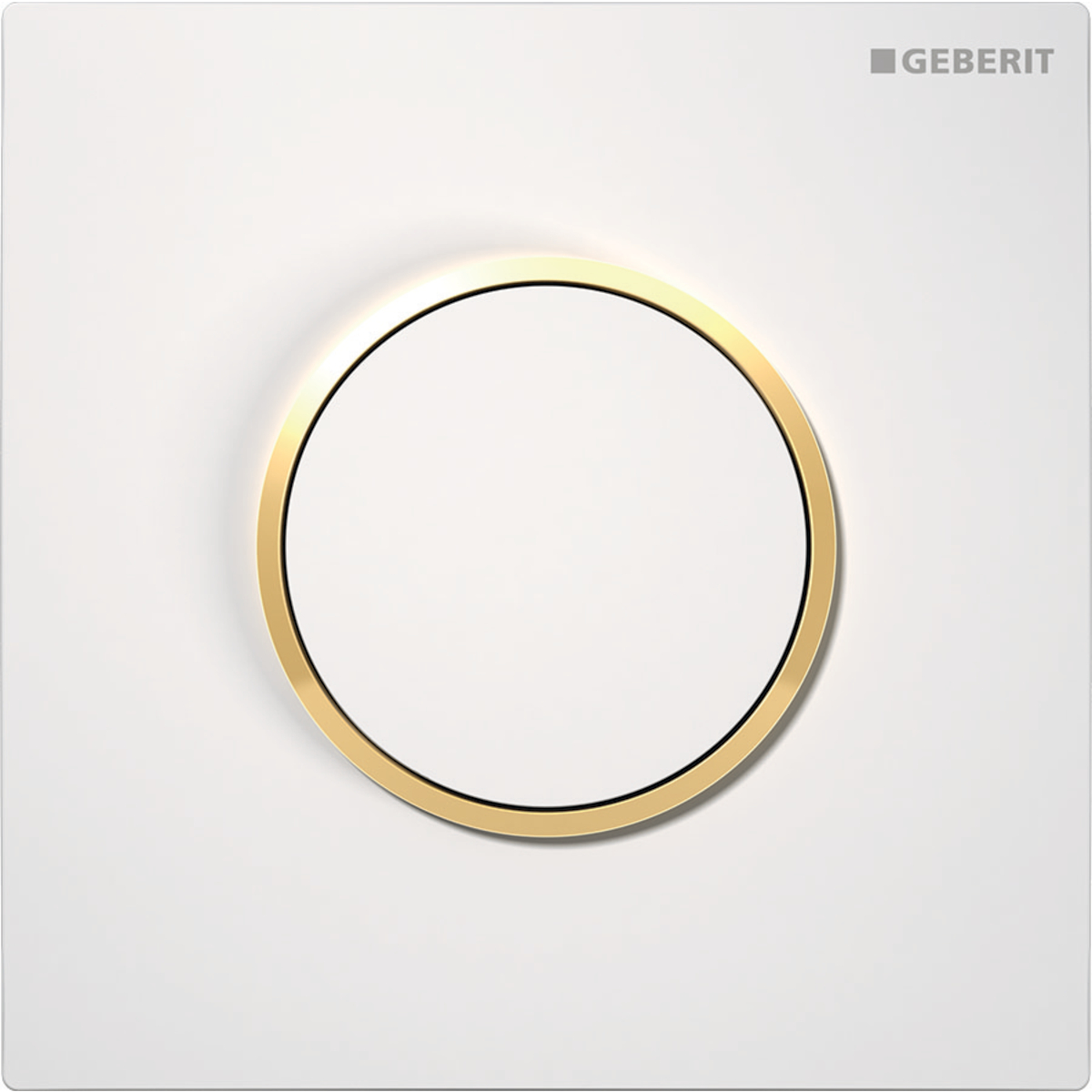 Geberit urinal flush control with pneumatic flush actuation, Type 10 actuator plate, round: Plate, Button: white alpine / Glossy, Design ring/-s: gold-coloured / Glossy