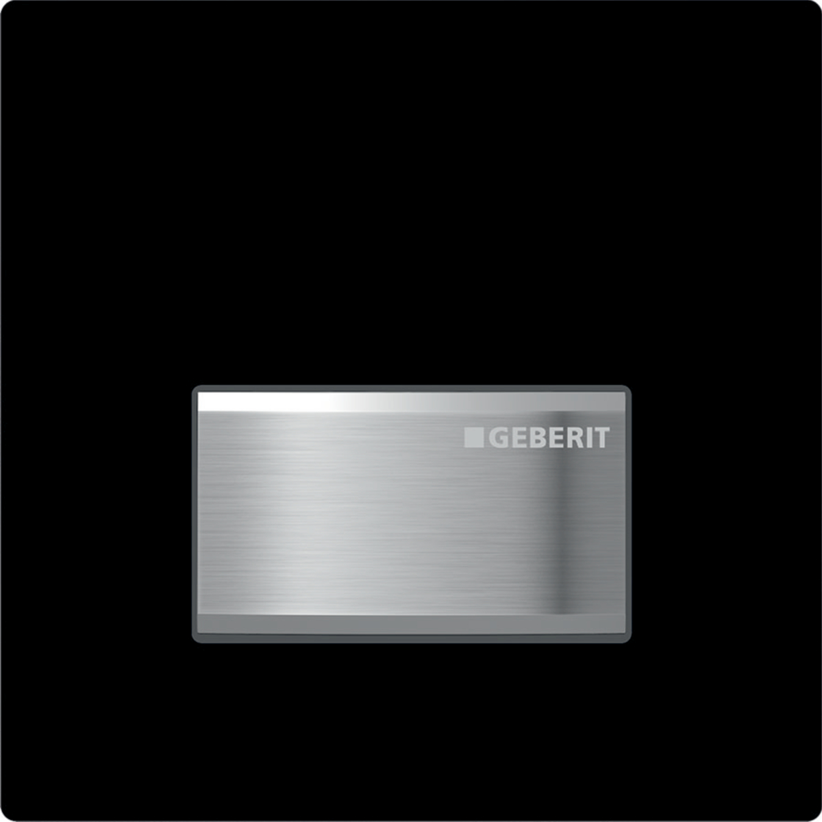 Geberit urinal flush control with pneumatic flush actuation, Type 50 actuator plate, square: Plate: black / Glossy, Button: chrome / Brushed
