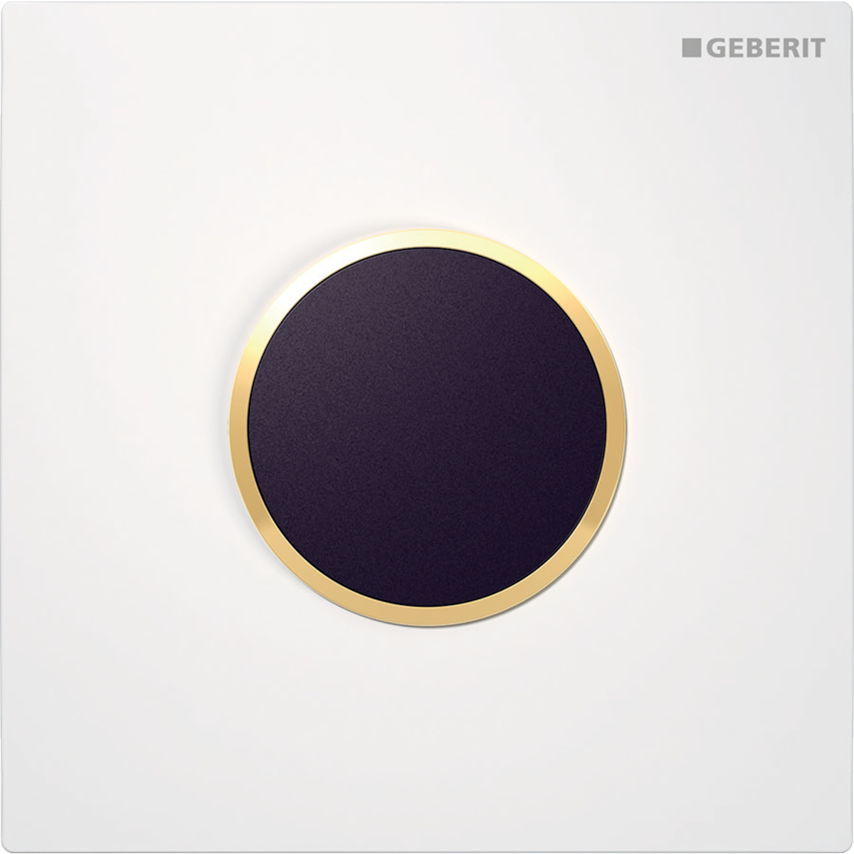 Geberit urinal flush control with electronic flush actuation, mains operation, Type 10 cover plate, round: Plate: white alpine / Glossy, Design ring/-s: gold-coloured / Glossy