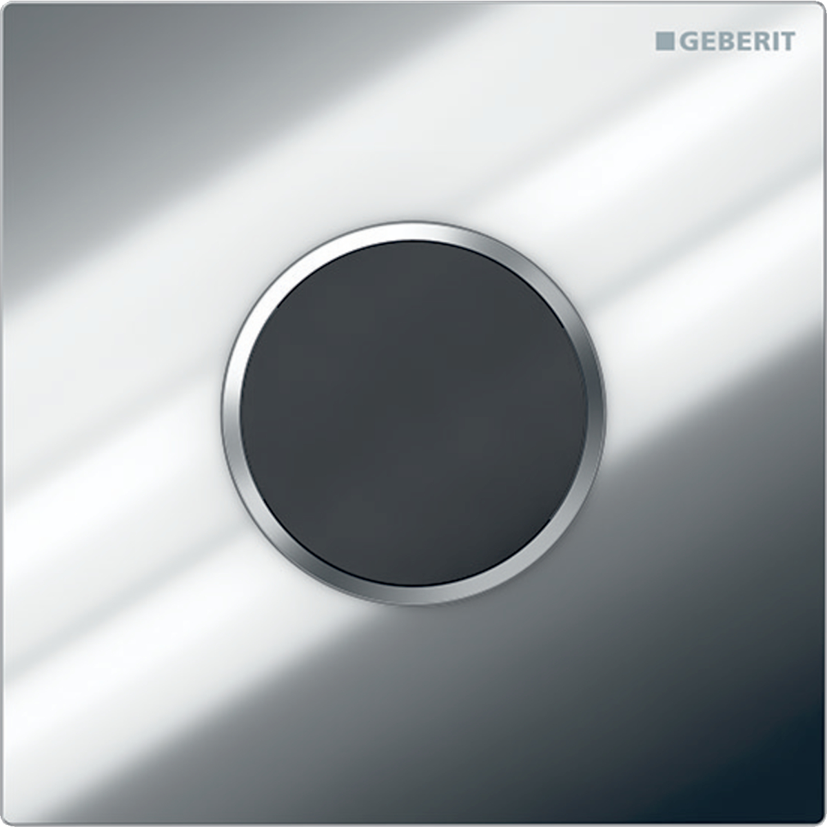 Geberit urinal flush control with electronic flush actuation, battery operation, Type 10 cover plate, round: Plate: chrome / Glossy, Design ring/-s: chrome / Matt