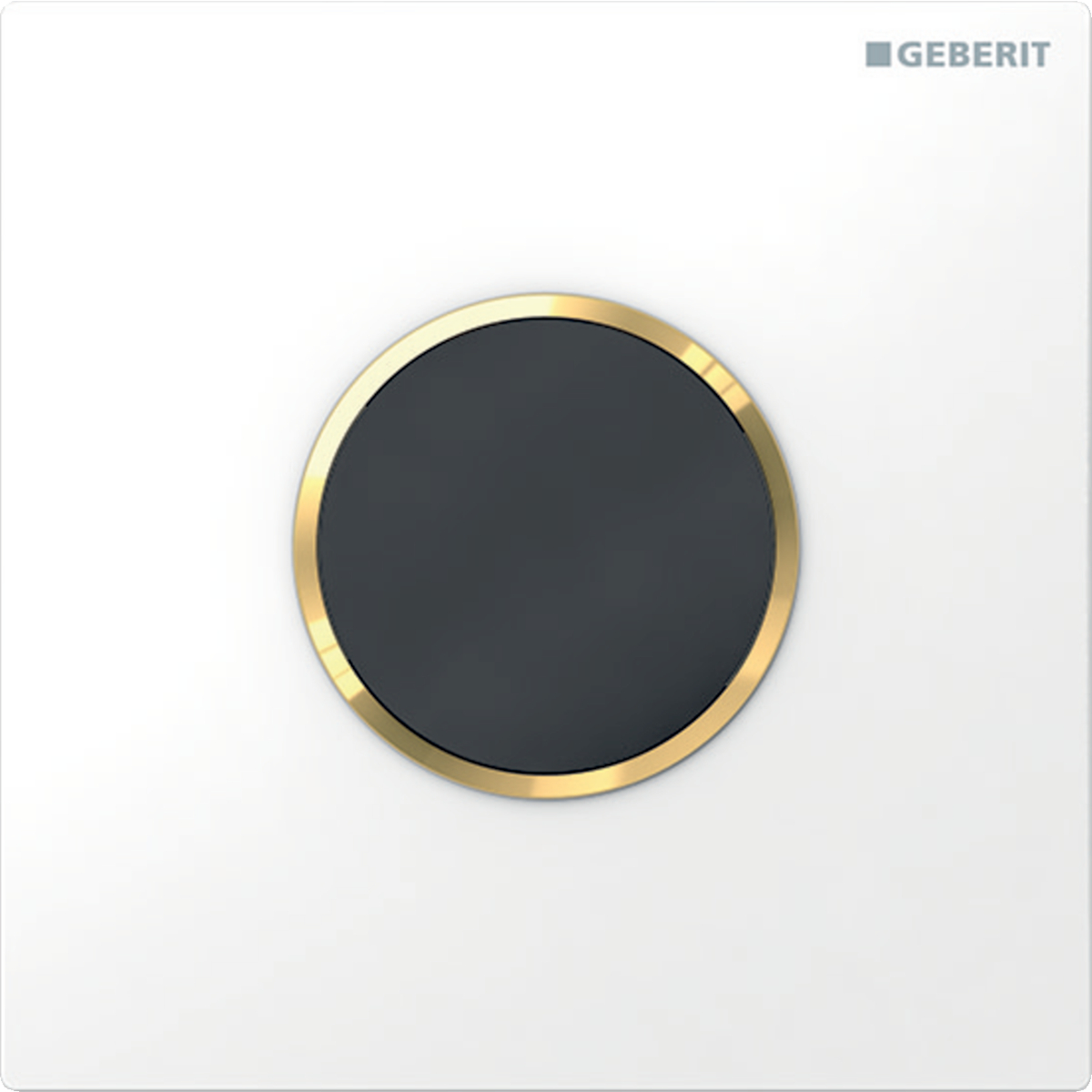 Geberit urinal flush control with electronic flush actuation, battery operation, Type 10 cover plate, round: Plate: white alpine / Glossy, Design ring/-s: gold-coloured / Glossy