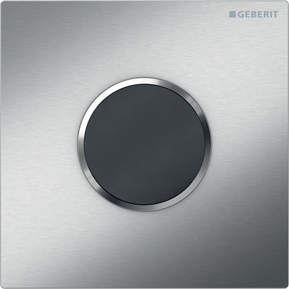 Geberit urinal flush control with electronic flush actuation, battery operation, Type 10 cover plate, round: Plate: Brushed, easy-to-clean coated, Design ring: Polished