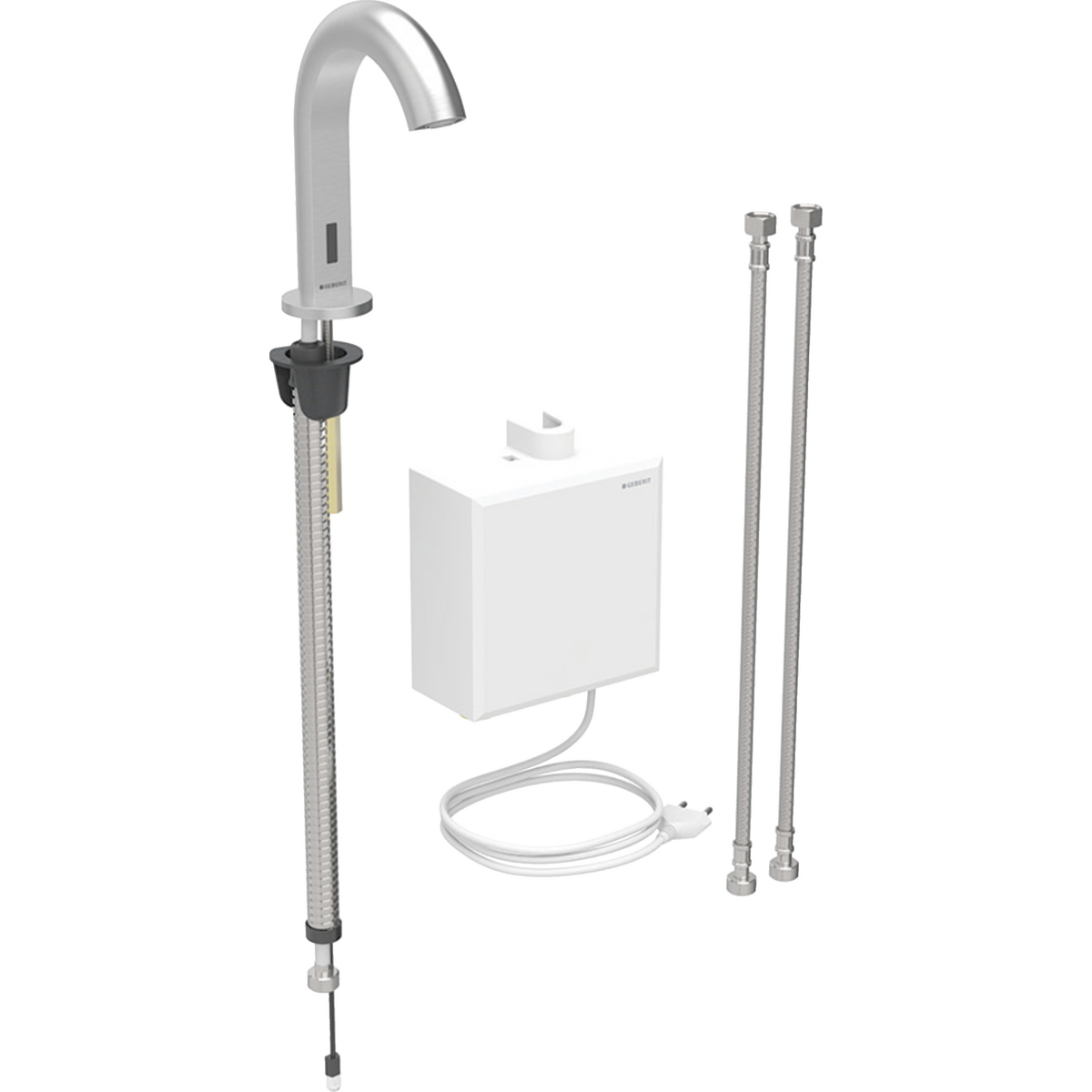 Geberit Piave washbasin tap, deck-mounted, mains operation, with exposed function box: stainless steel look / Brushed, easy-to-clean coated, Mixer=with mixer