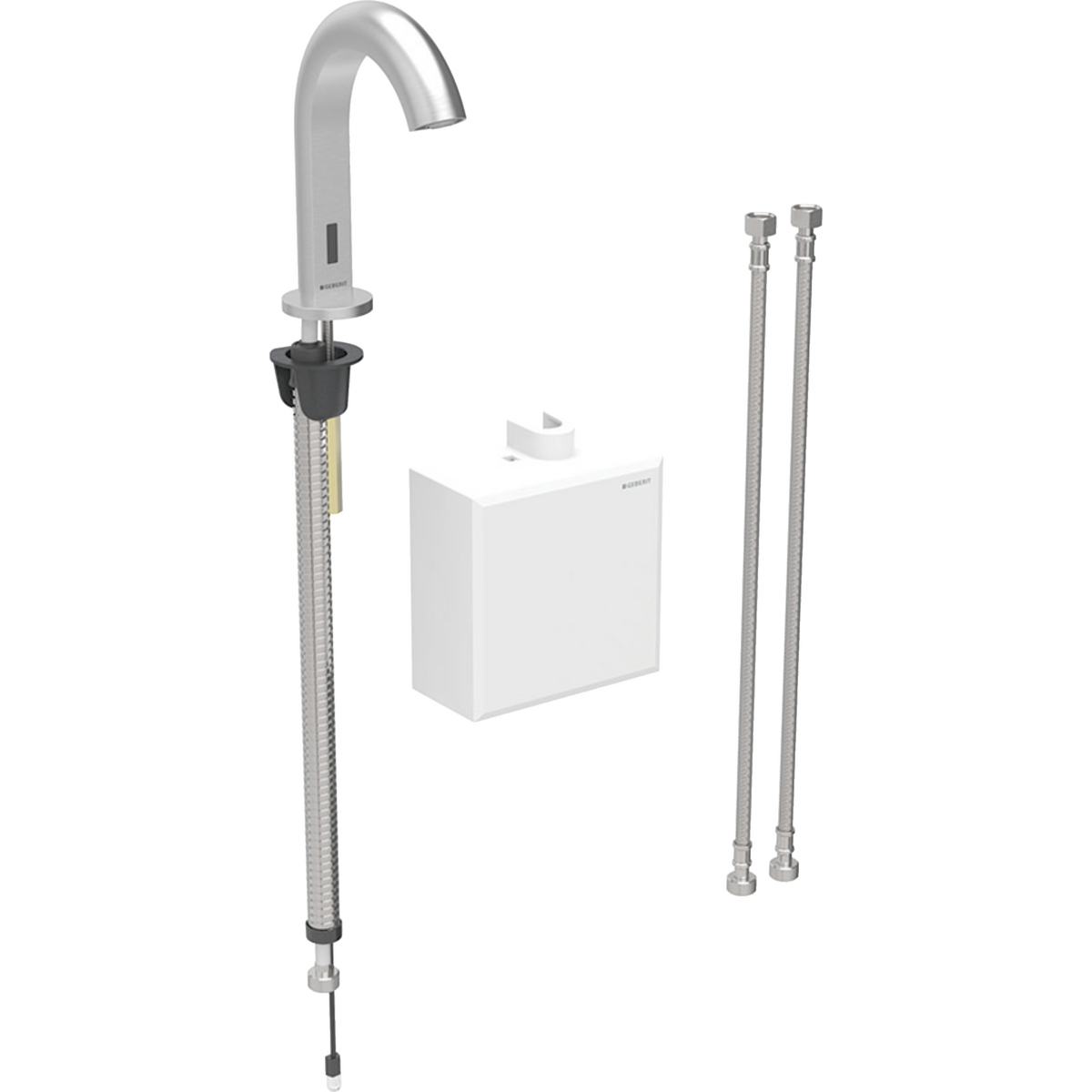 Geberit Piave washbasin tap, deck-mounted, generator operation, with exposed function box: stainless steel look / Brushed, easy-to-clean coated, Mixer=with mixer