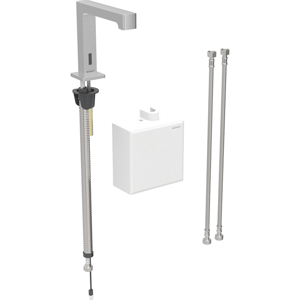 Geberit Brenta washbasin tap, deck-mounted, battery operation, with exposed function box: stainless steel look / Brushed, easy-to-clean coated, Mixer=with mixer