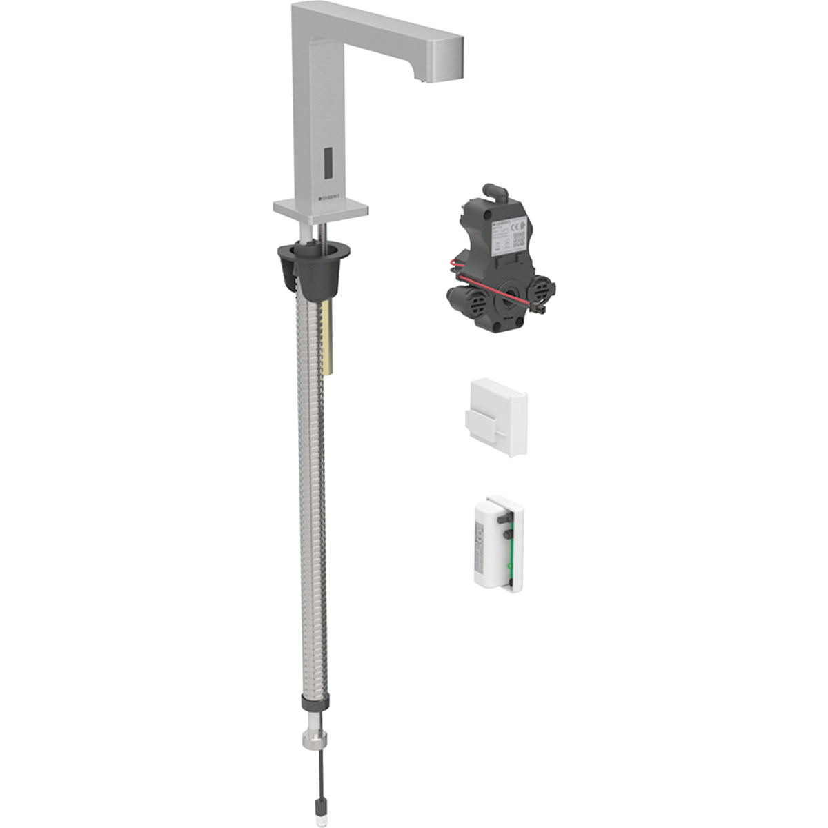 Geberit Brenta washbasin tap, deck-mounted, generator operation, for concealed function box: stainless steel look / Brushed, easy-to-clean coated, Mixer=with mixer