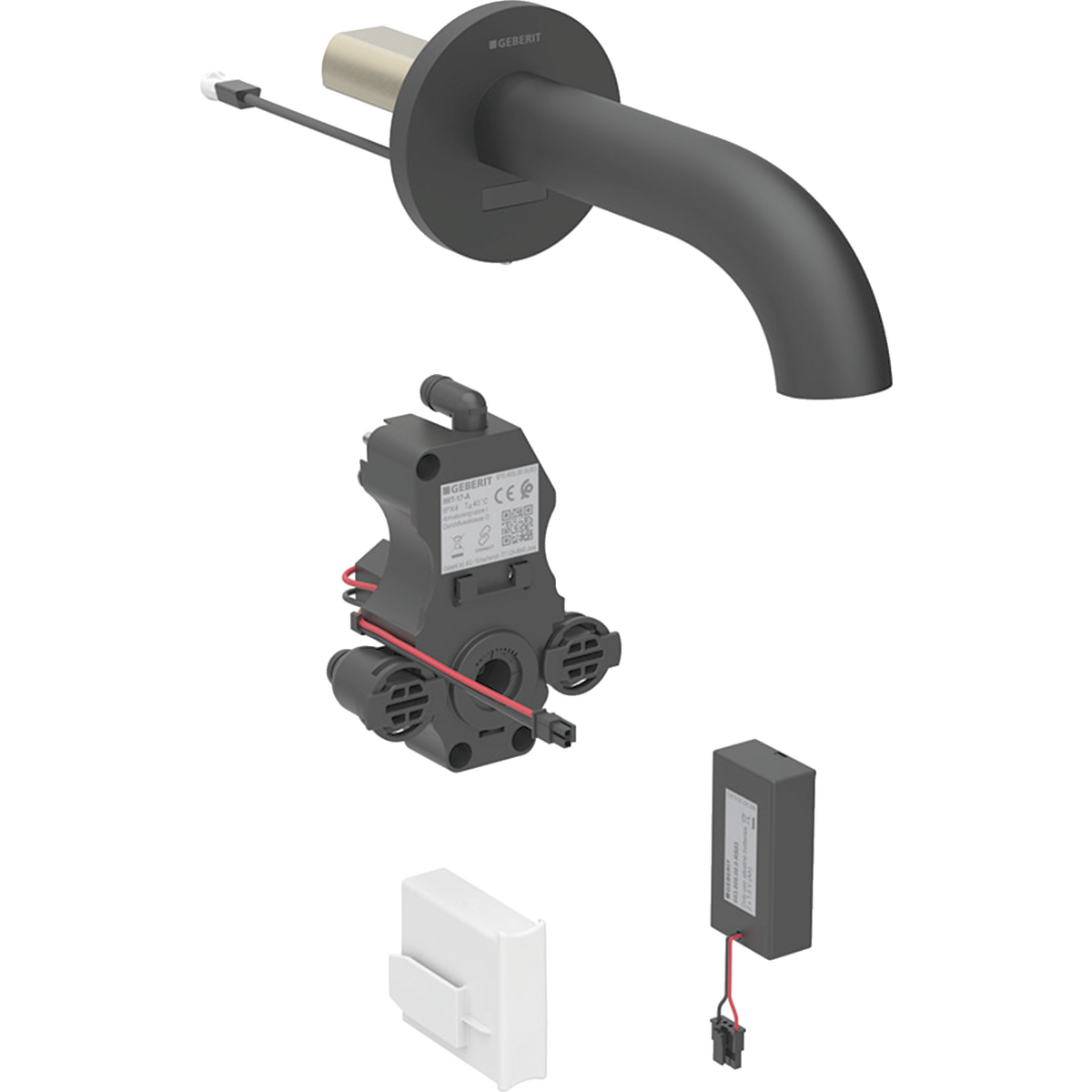 Geberit Piave washbasin tap, wall-mounted, battery operation, for concealed function box: black matt / easy-to-clean coated, L=17cm, Mixer=with mixer