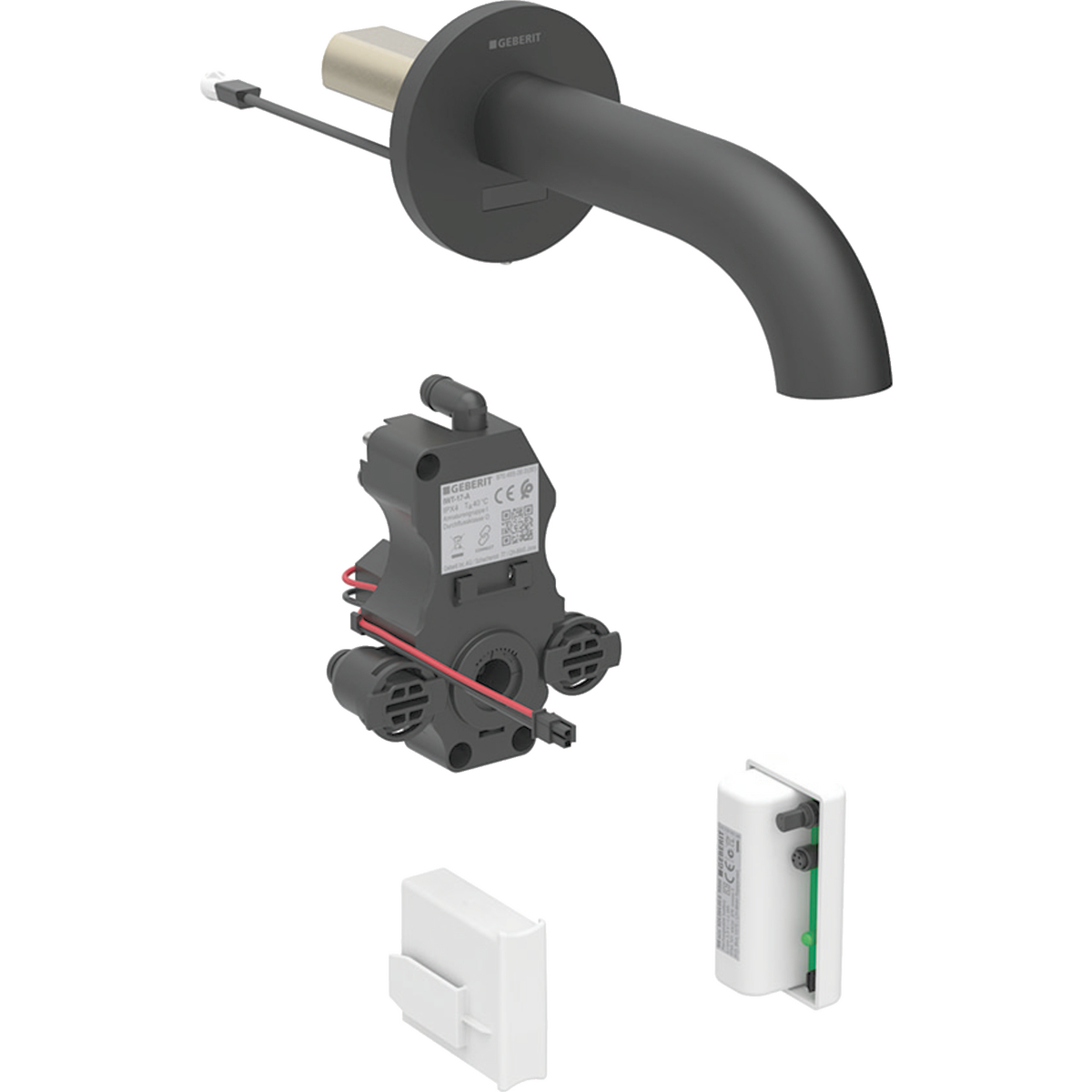 Geberit Piave washbasin tap, wall-mounted, generator operation, for concealed function box: black matt / easy-to-clean coated, L=17cm, Mixer=with mixer