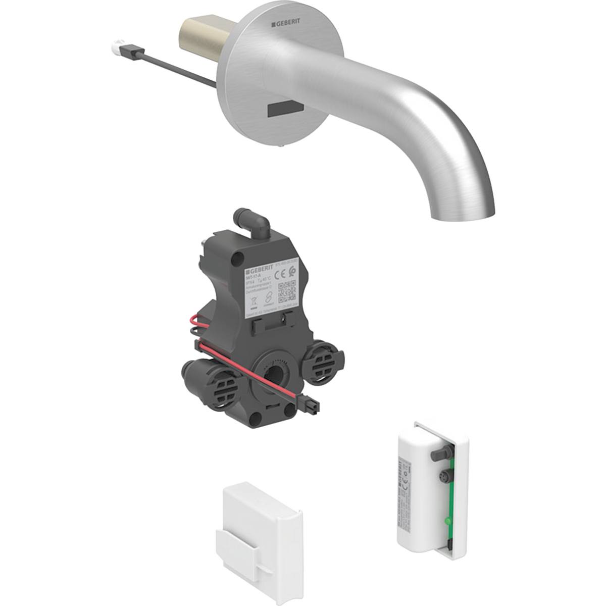 Geberit Piave washbasin tap, wall-mounted, generator operation, for concealed function box: stainless steel look / Brushed, easy-to-clean coated, L=17cm, Mixer=with mixer