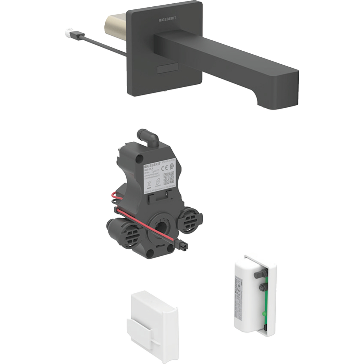 Geberit Brenta washbasin tap, wall-mounted, generator operation, for concealed function box: black matt / easy-to-clean coated, L=17cm, Mixer=with mixer