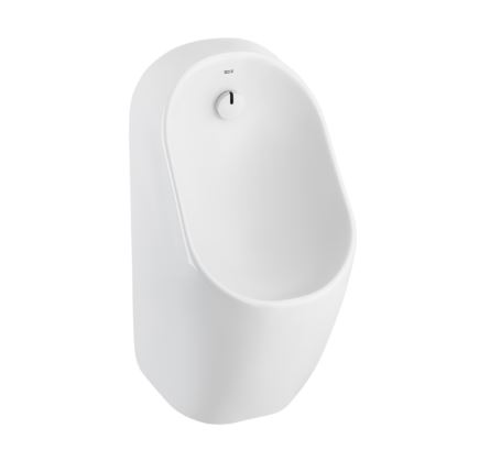 Electronic Roca Rimless® ceramic urinal with back inlet powered by four 1.5V LR6 (AA) alkaline batteries