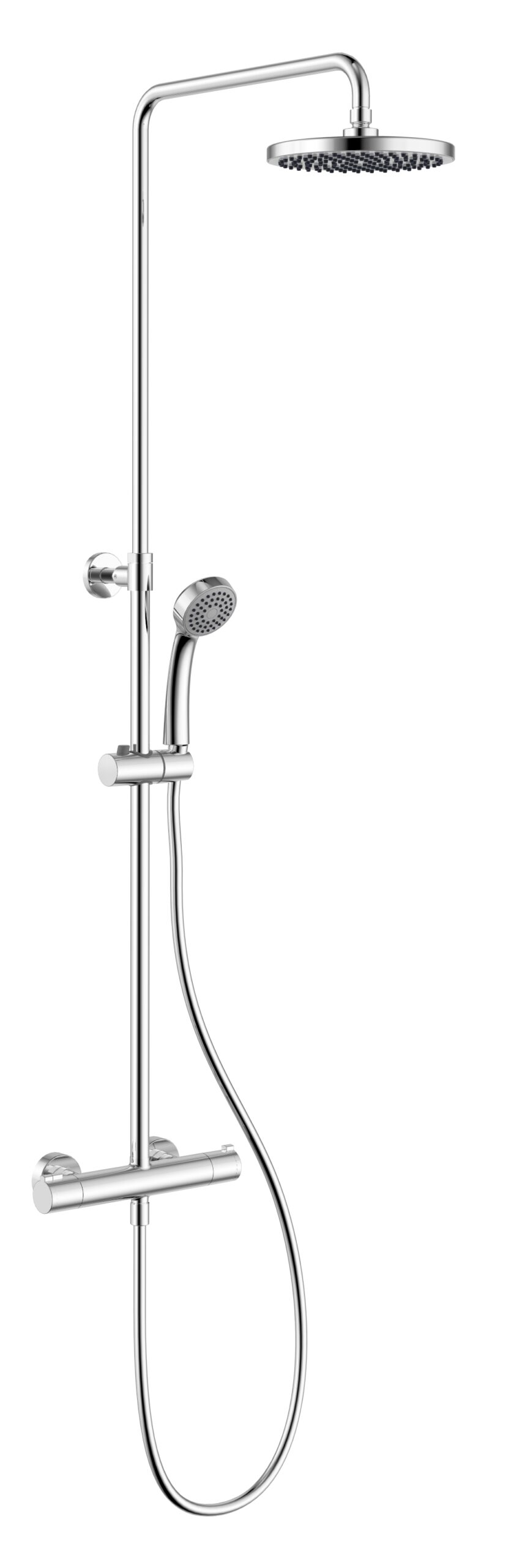 Thermostatic shower column mixer with accessories (headshower 200 mm, handshower 1F – 8l/min, PVC shower hose 1500 mm), height adjustable