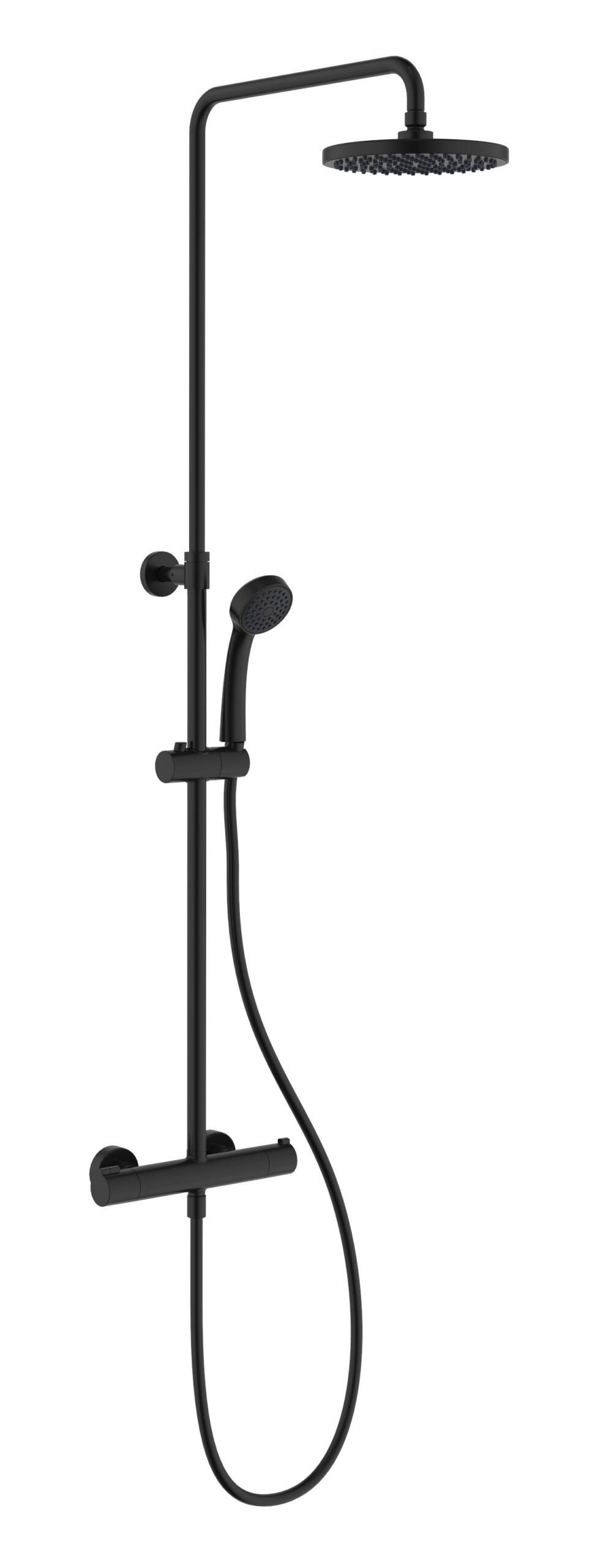 Thermostatic shower column mixer with accessories (headshower 200 mm, handshower 1F – 8l/min, PVC shower hose 1500 mm), height adjustable