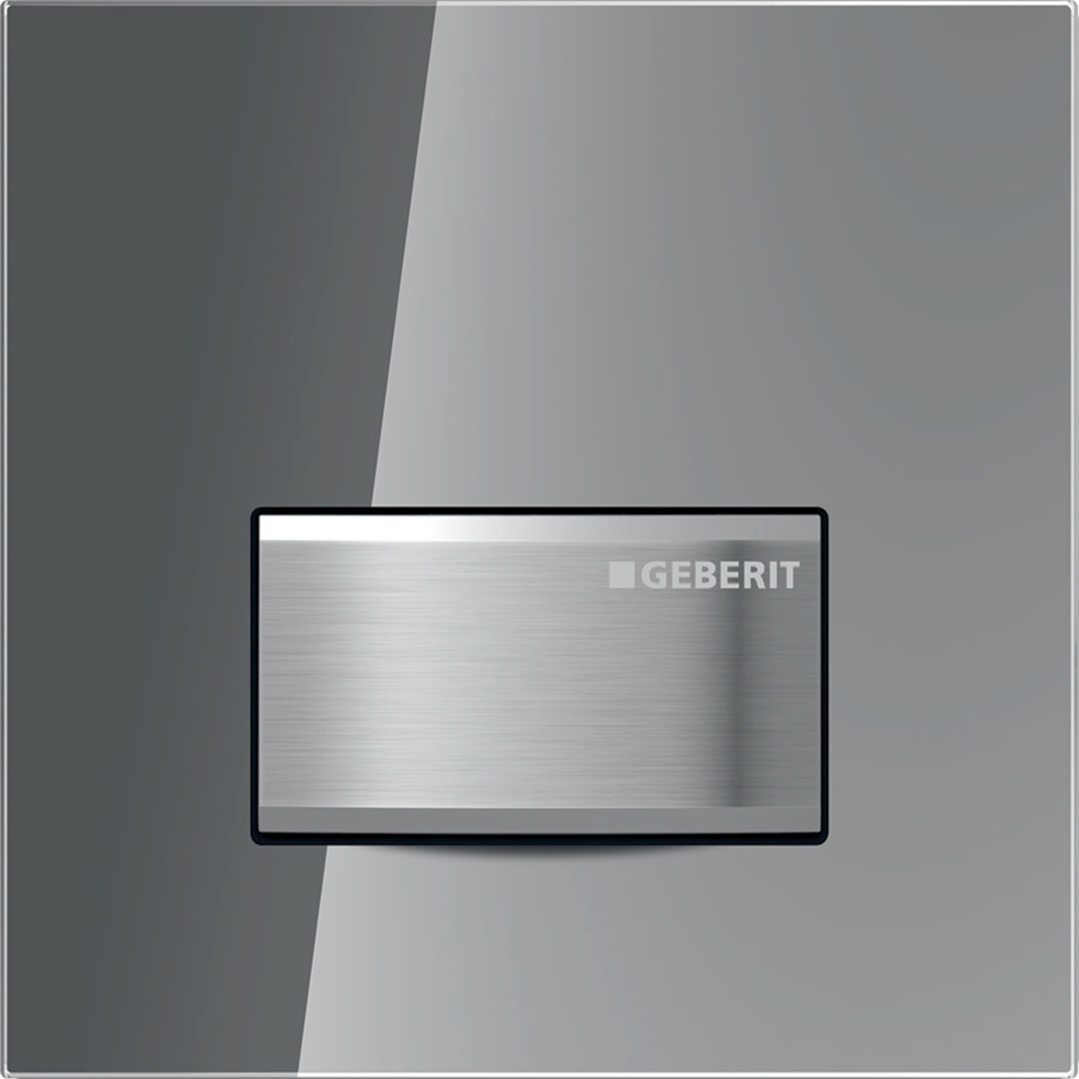 Geberit urinal flush control with pneumatic flush actuation, Type 50 actuator plate, square: Plate: reflective smoked glass, Button: chrome / brushed