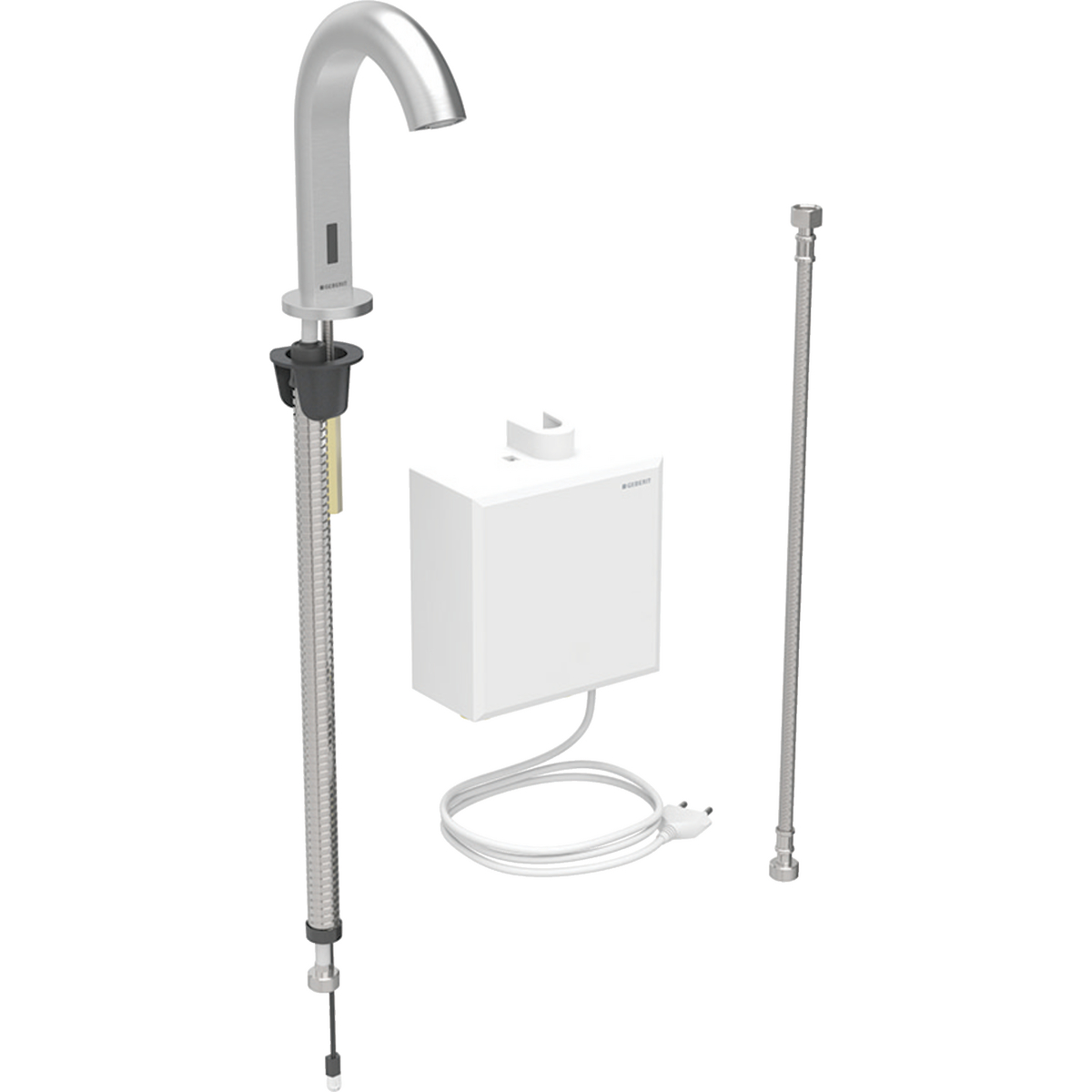 Geberit Piave washbasin tap, deck-mounted, mains operation, with exposed function box: Stainless steel look / brushed, easy-to-clean coated, Mixer=without mixer