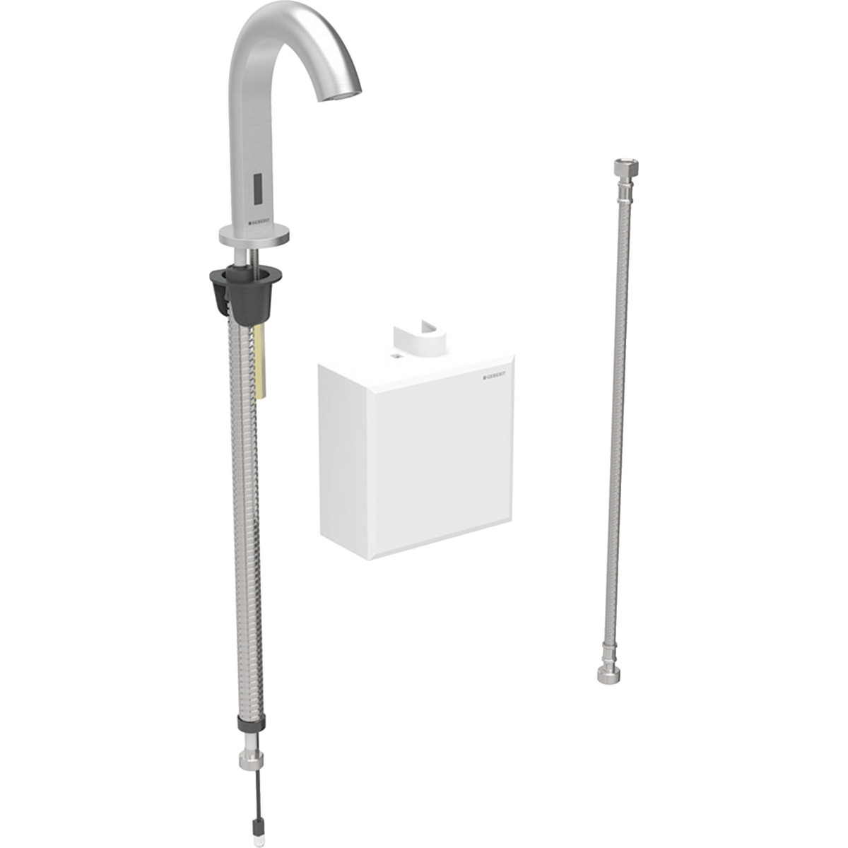 Geberit Piave washbasin tap, deck-mounted, battery operation, with exposed function box: Stainless steel look / brushed, easy-to-clean coated, Mixer=without mixer