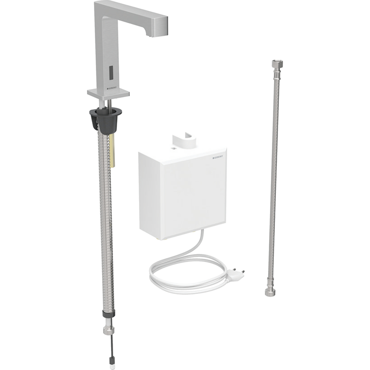 Geberit Brenta washbasin tap, deck-mounted, mains operation, with exposed function box: Stainless steel look / brushed, easy-to-clean coated, Mixer=without mixer