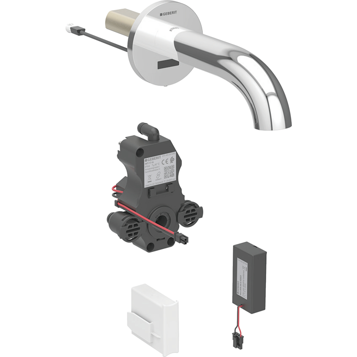 Geberit Piave washbasin tap, wall-mounted, battery operation, for concealed function box: chrome / glossy, L=17cm, Mixer=without mixer
