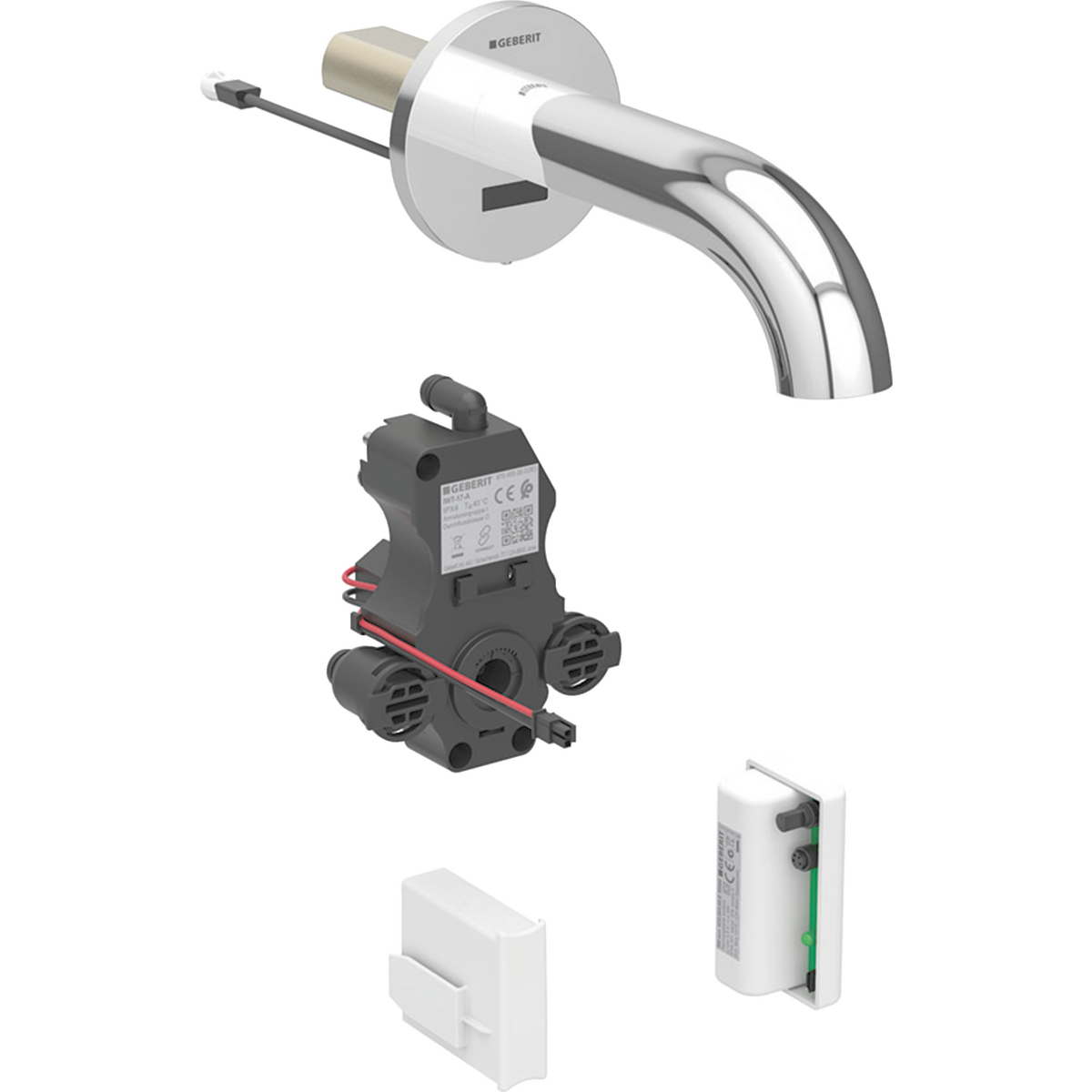 Geberit Piave washbasin tap, wall-mounted, generator operation, for concealed function box: chrome / glossy, L=17cm, Mixer=with mixer
