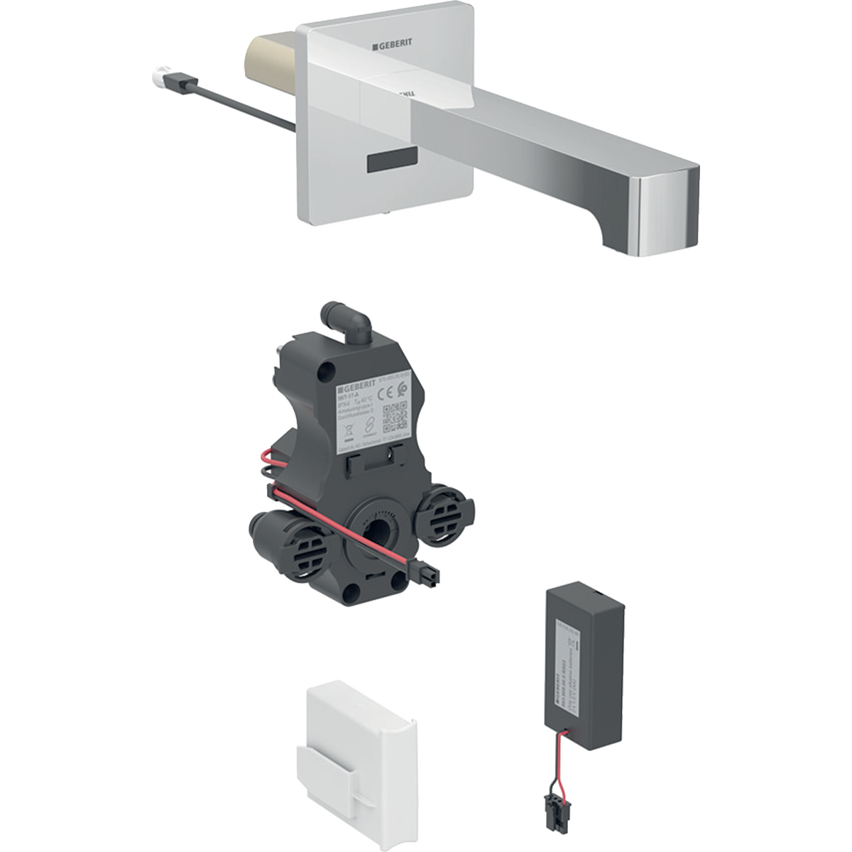 Geberit Brenta washbasin tap, wall-mounted, battery operation, for concealed function box: chrome / glossy, L=17cm, Mixer=without mixer
