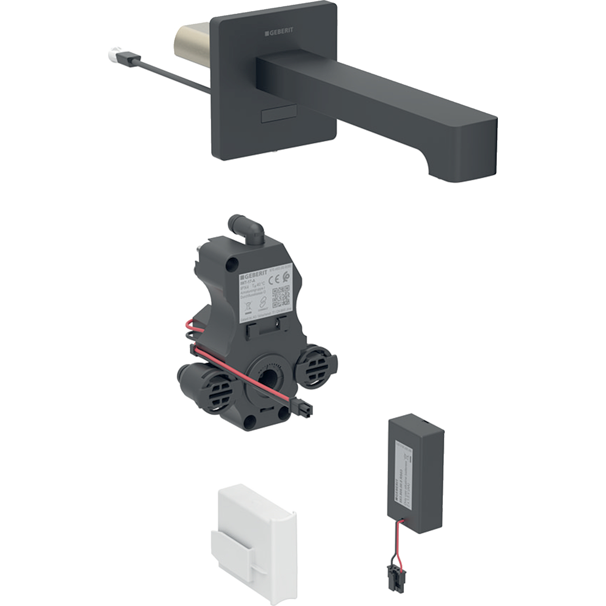 Geberit Brenta washbasin tap, wall-mounted, battery operation, for concealed function box: black matt / easy-to-clean coated, L=17cm, Mixer=with mixer
