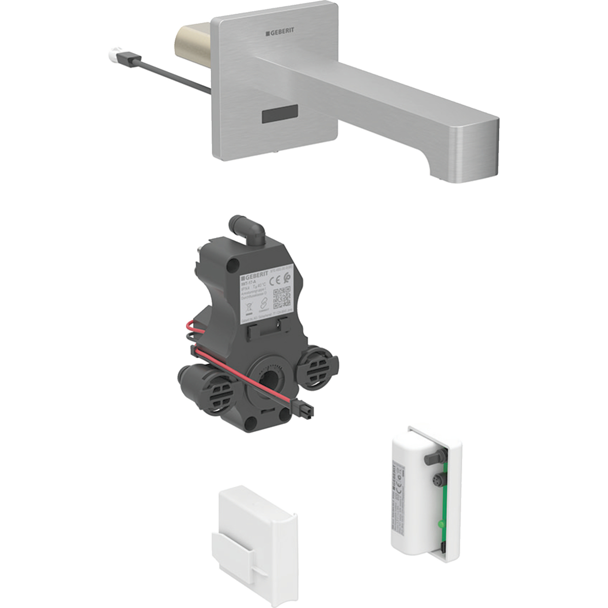 Geberit Brenta washbasin tap, wall-mounted, generator operation, for concealed function box: Stainless steel look / brushed, easy-to-clean coated, L=17cm, Mixer=with mixer