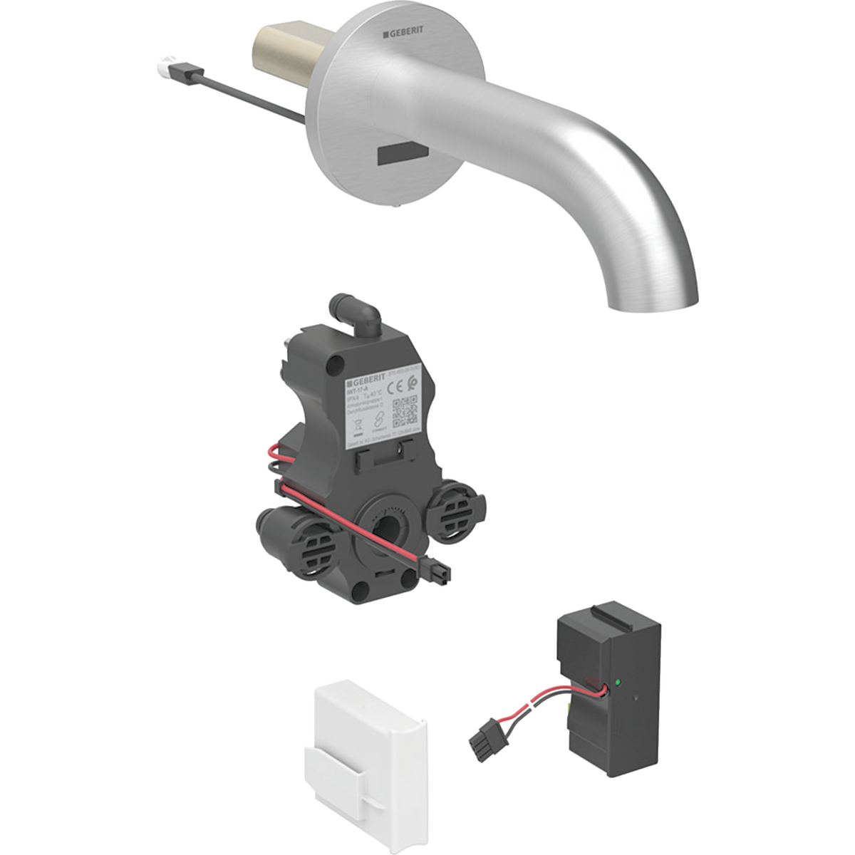 Geberit Piave washbasin tap, wall-mounted, mains operation, for concealed function box: Stainless steel look / brushed, easy-to-clean coated, L=22cm, Mixer=with mixer