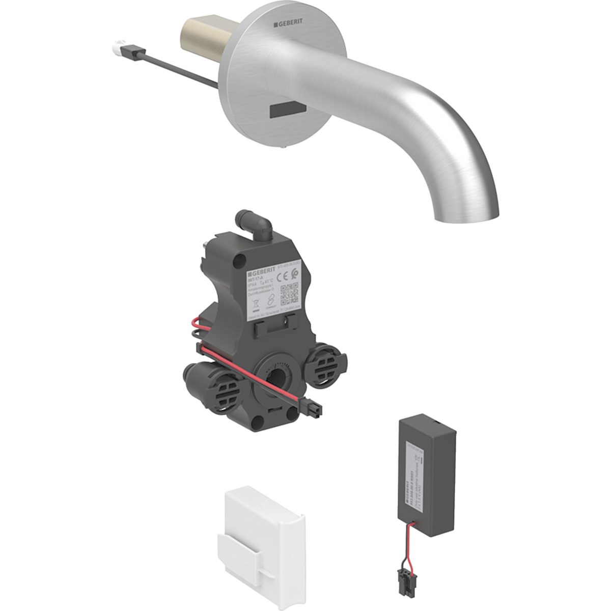 Geberit Piave washbasin tap, wall-mounted, battery operation, for concealed function box: Stainless steel look / brushed, easy-to-clean coated, L=22cm, Mixer=with mixer