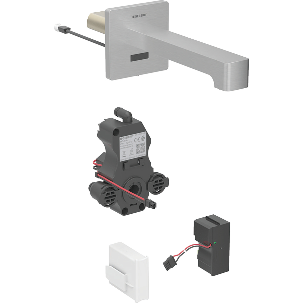 Geberit Brenta washbasin tap, wall-mounted, mains operation, for concealed function box: Stainless steel look / brushed, easy-to-clean coated, L=22cm, Mixer=without mixer
