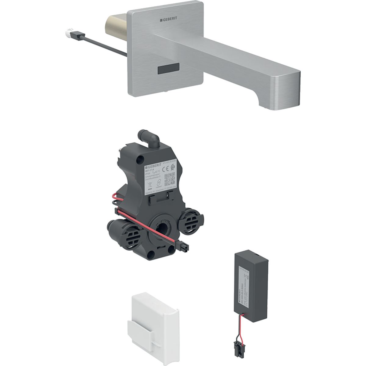 Geberit Brenta washbasin tap, wall-mounted, battery operation, for concealed function box: Stainless steel look / brushed, easy-to-clean coated, L=22cm, Mixer=with mixer